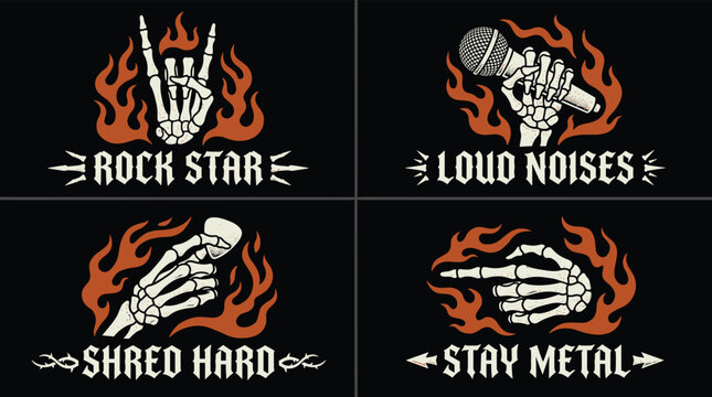 Rock and roll skeleton hand set with flaming accents and text labels for music enthusiasts
