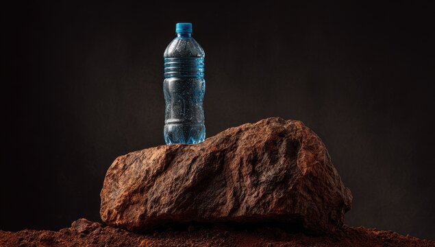Plastic bottle on a dark rock, earthy backdrop