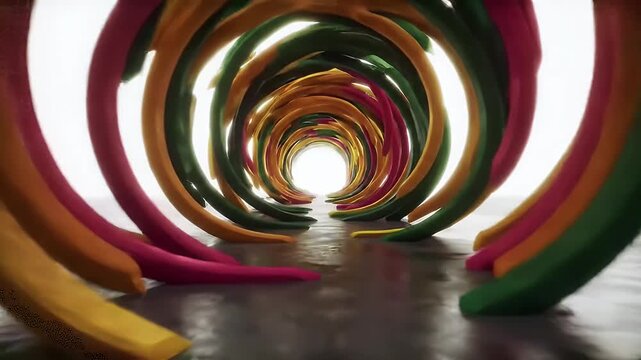 Bright tunnel formed by colorful, curved shapes receding into white light