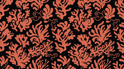 Seamless pattern of stylized coral reef shapes in salmon pink on a solid black background © Md