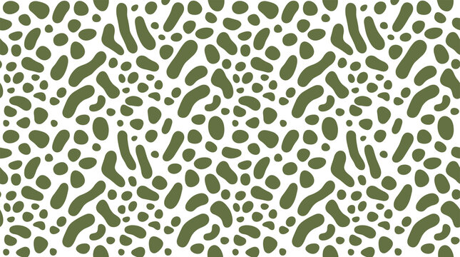 Seamless pattern of olive green organic blob shapes and irregular spots on a solid white background