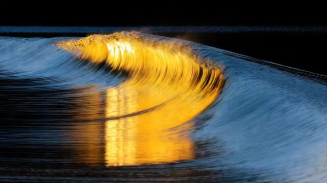 A breaking wave, illuminated by golden light, against a dark sky. The water is textured