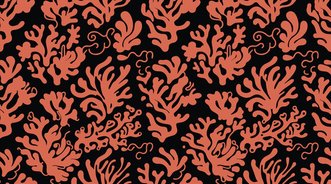 Seamless pattern of stylized coral reef shapes in salmon pink on a solid black background