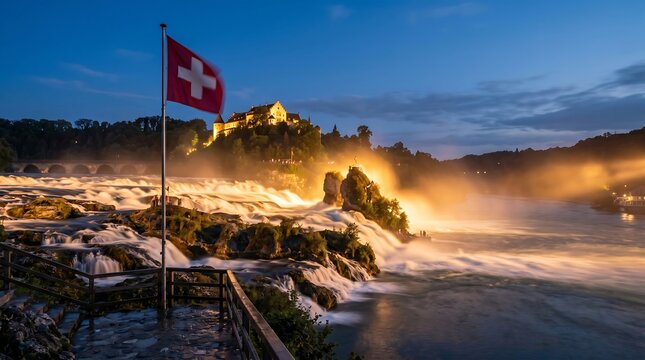 Long exposure night shot of Rhine Falls Switzerland with illuminated Laufen Castle and Swiss flag