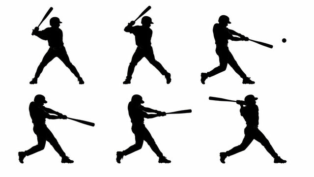 Black silhouette icons of a baseball player hitting the ball in different positions