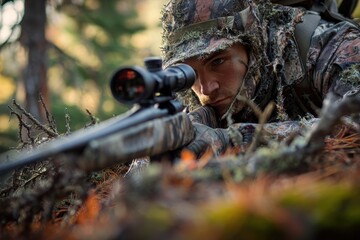 Naklejka premium Outdoor scene: hunter with rifle and scope waiting in quiet woodland