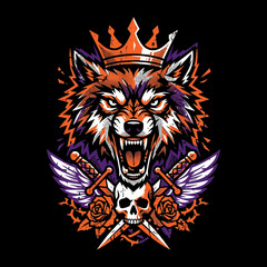Obraz premium Aggressive Wolf King Illustration with Crown Skull Daggers and Wings in Tattoo Style.