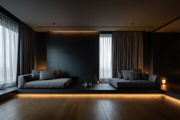 Fototapeta premium Panoramic view of a dark modern living room with a matte black feature wall and minimal furnishings