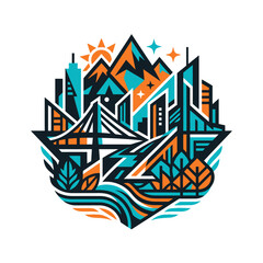 Obraz premium A vibrant geometric city landscape with mountains and a bridge