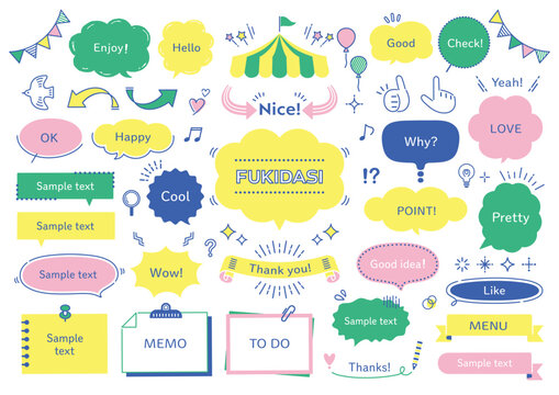 Hand-drawn speech bubbles, frames, and decorative elements set