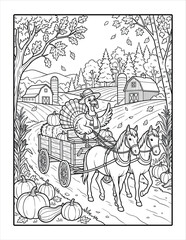Obraz premium Cheerful turkey driving horse drawn wagon through autumn farm fields in North America.