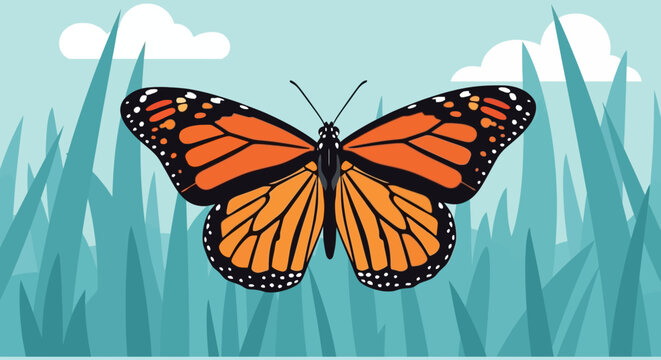 Orange monarch butterfly resting in tall grass under a blue sky