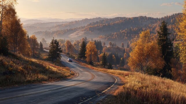Peaceful autumn drive on a rural Swedish road with misty hills