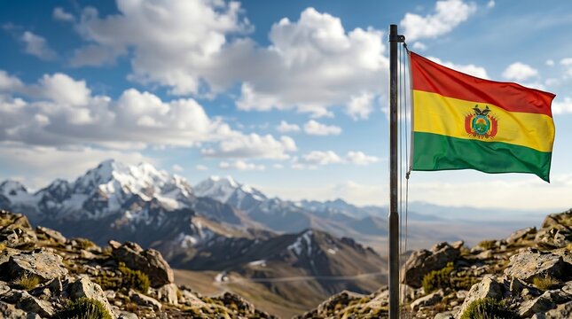 National flag of Bolivia waving on pole with snow capped Andes mountains and blue sky background