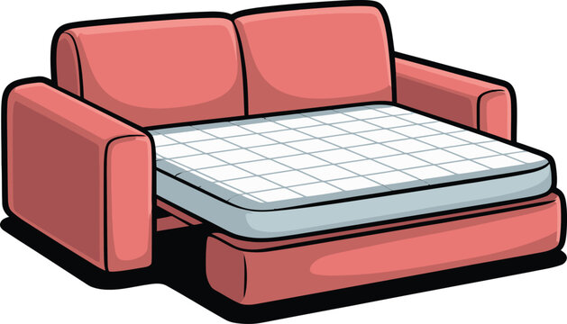 Red sofa bed vector with pull out mattress for home living room design.