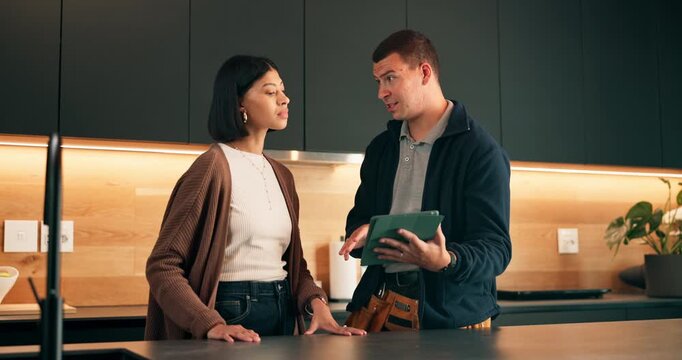 Tablet, woman and talking to plumber in kitchen for client quote, maintenance or renovation. Tech, home and conversation for repair service cost, people planning and assessment report with pricing