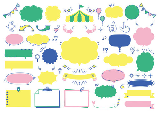 Hand-drawn speech bubbles, frames, and decorative elements set