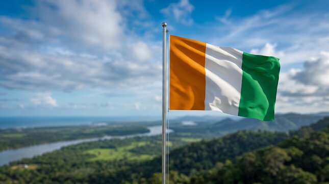 National flag of Ivory Coast waving on flagpole against blurred tropical river valley landscape background