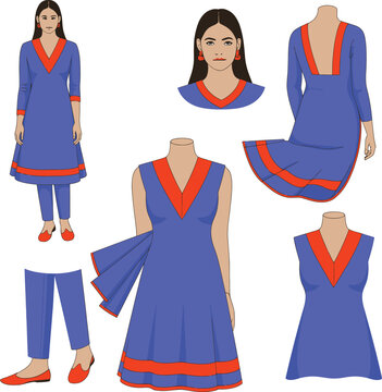 Indian woman wearing blue kurta and orange trim, flat design.