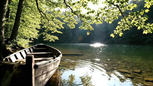 Sunlit rowboat rests by a tranquil forest lake under green, leafy branches