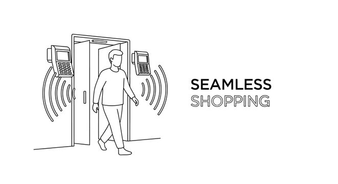 Line art illustration of a man walking through a smart sensor gate for seamless shopping checkout.