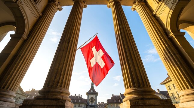 National Swiss flag hanging between architectural columns in Bern city at sunset wide angle shot