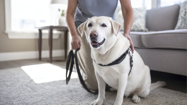 Happy labrador with owner indoors: ready for a walk in sunlit room