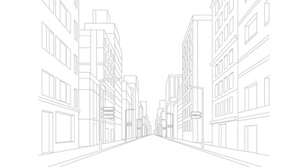 Obraz premium One point perspective sketch of a city street with buildings on both sides.
