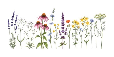Watercolor and ink sketch collection of wild meadow flowers and herbs © md