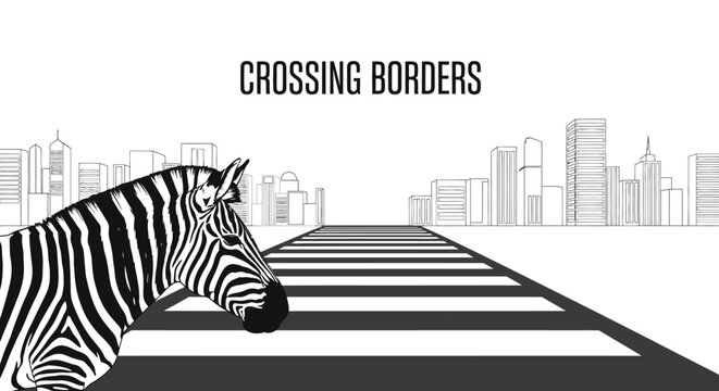 Zebra standing next to a striped pedestrian zebra crossing on the road.