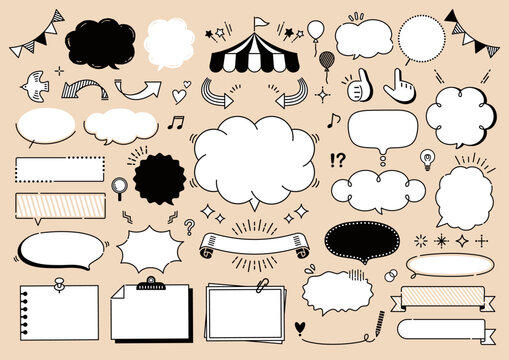 Hand-drawn speech bubbles, frames, and decorative elements set