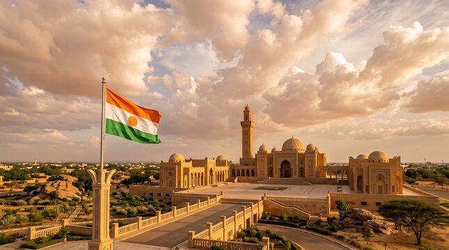 Niger national flag waving over mosque architecture under dramatic sunset clouds in wide cinematic landscape shot