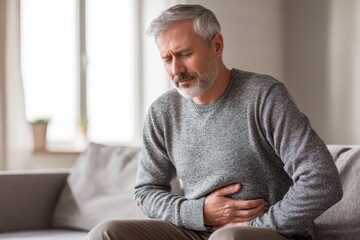 Fototapeta premium Portrait of a man showing abdominal discomfort during a stressful day at home