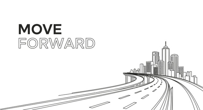 Black and white line art illustration of a highway leading to a city skyline with move forward text.
