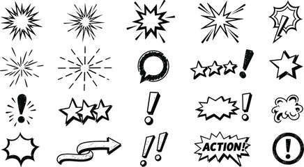 Comic Book Expression and Explosion Element Pack Featuring Exclamation Marks Stars Sunbursts Speech Bubbles and Action Pop Art Graphic Icons © Sohel