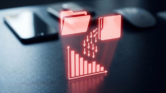 Data Export and Financial Downturn Concept: Floating Red Holographic Document Folder with Downward Arrows and Dropping Bar Chart above Blurred Desk