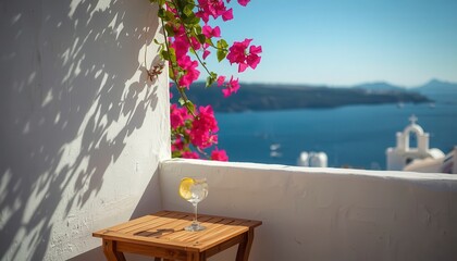 Obraz premium Cozy rustic balcony in Greece with refreshing cocktail on wooden table, blurred Santorini sea view and white church background