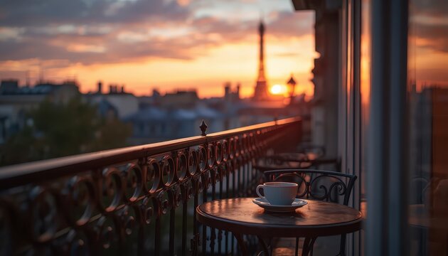 Classic Parisian Haussmann style balcony with coffee cup on table at sunrise, blurred Eiffel Tower background in Paris