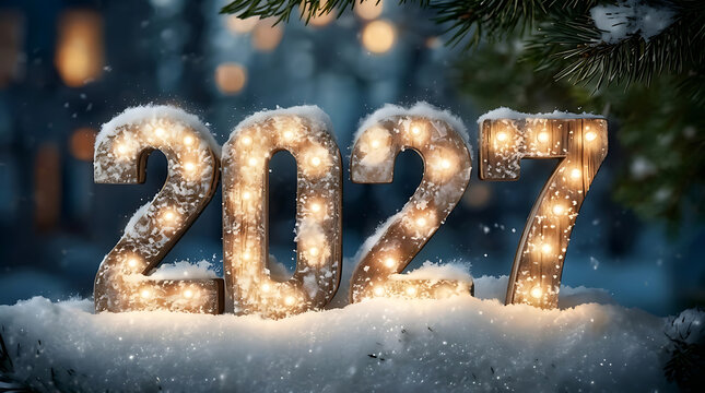 Illuminated 2027 numbers in snow during twilight with bokeh lights for New Year celebrations