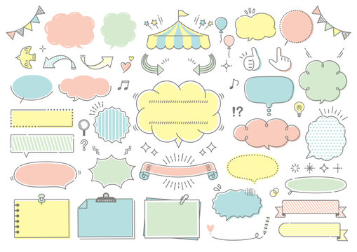 Hand-drawn speech bubbles, frames, and decorative elements set