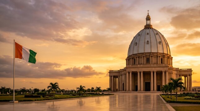 Wide angle golden sunset of Basilica of Our Lady of Peace with Ivory Coast flag