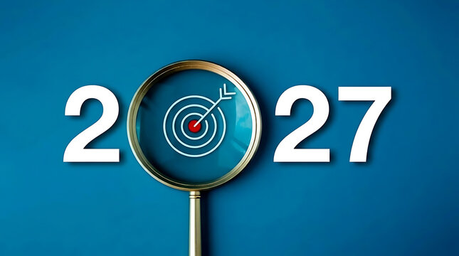 Magnifying glass on for year 2027 with blue background symbolizing future planning concept