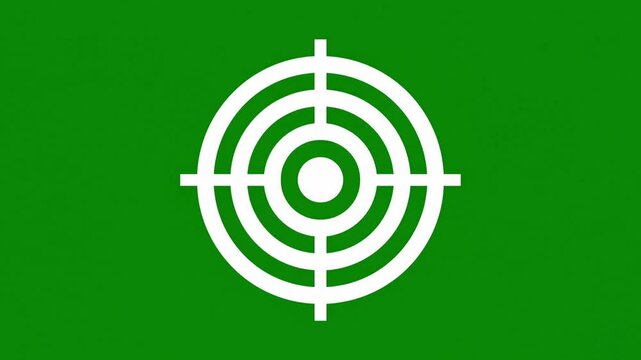 Minimalist white target crosshair icon animation spinning and assembling on a solid green screen background