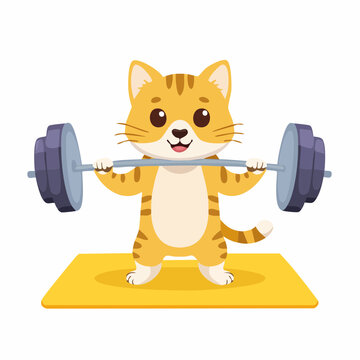 Cute cartoon cat lifting weights on a yellow mat
