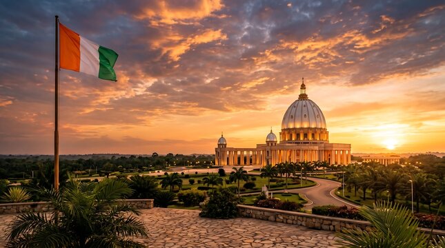 Wide landscape of Basilica of Our Lady of Peace in Yamoussoukro Ivory Coast at golden hour sunset