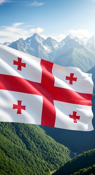 National flag of Georgia waving against majestic snow covered mountains