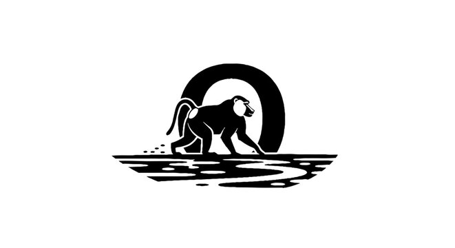 Silhouette of a monkey walking on a crescent moon.