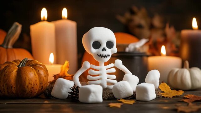 A skeleton made of marshmallows sits among candles and pumpkins, creating a festive autumn atmosphere for Halloween