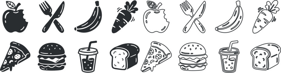 Fototapeta premium Set of black and white food and dining icons including fork and utensil, banana, carrot, pizza, burger, drink, and bread
