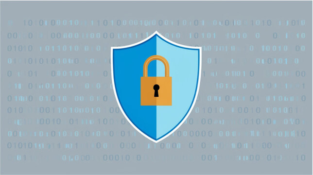 The background consists of a digital pattern of binary code (zeros and ones), symbolizing data security, cybersecurity, and protection in the digital age.